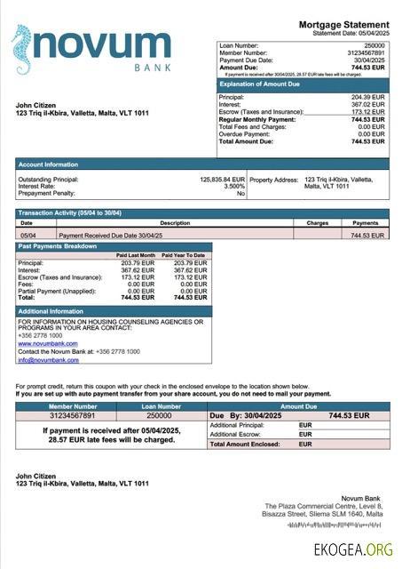 Modèle Word et PDF de relevé hypothécaire de Malte Novum Bank